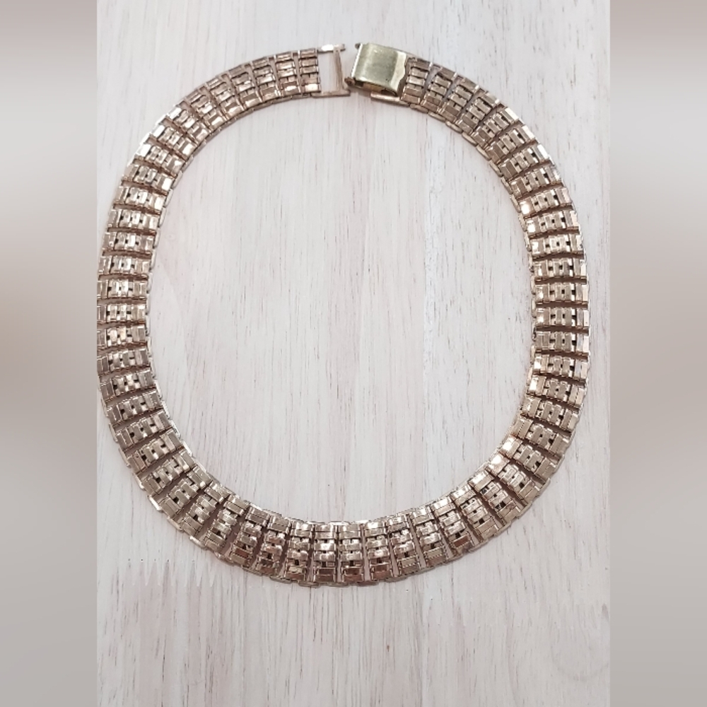 Vintage Gold Tone Brass Collar Necklace Wide Book Chain Choker